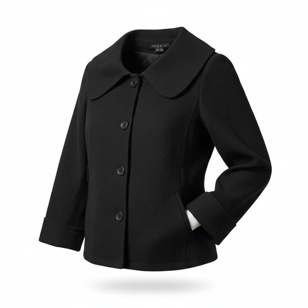 Theory Jacket Women P Black Wide Collar Button Front Peacoat Style